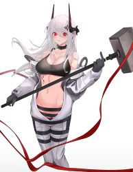 Rule 34 | 1girl, absurdres, arknights, bare shoulders, black gloves, blush, breasts, cleavage, collar, collarbone, cropped legs, gloves, groin, hair between eyes, hair ornament, hammer, highres, holding, holding hammer, holding weapon, horns, infection monitor (arknights), large breasts, long hair, long sleeves, looking at viewer, material growth, miyazaki-san (mmyyzk), mudrock (arknights), mudrock (elite ii) (arknights), navel, no panties, open clothes, oripathy lesion (arknights), parted lips, pointy ears, red eyes, silver hair, simple background, solo, sports bra, standing, stomach, weapon, white background