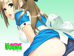 Rule 34 | 1girl, ass, blonde hair, breasts, green eyes, ino (magloid), large breasts, lipstick, long hair, looking at viewer, maid, makeup, men&#039;s young, open mouth, panties, ponytail, ribbon, solo, underwear, wallpaper