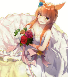 Rule 34 | 1girl, :d, animal ears, bare shoulders, blue flower, blue rose, bouquet, breasts, bride, cleavage, collarbone, dermar, dress, flower, from above, hair flower, hair ornament, highres, holding, holding bouquet, horse ears, horse girl, long hair, mayano top gun (sunlight bouquet) (umamusume), mayano top gun (umamusume), open mouth, orange hair, petals, pink flower, pink rose, red flower, red rose, rose, simple background, small breasts, smile, solo, umamusume, wedding dress, white dress, yellow eyes, yellow flower, yellow rose