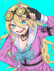 1girl adjusting_goggles antenna_hair aqua_background barbed_wire belt blonde_hair blue_bow blue_eyes bow breasts choker cleavage commentary_request danganronpa_(series) danganronpa_v3:_killing_harmony eyelashes fingerless_gloves gloves goggles goggles_on_head grin hair_between_eyes hand_on_own_hip highres iruma_miu long_hair long_sleeves looking_at_viewer o-ring o-ring_belt open_mouth partial_commentary pink_shirt school_uniform shirt skirt smile teeth upper_body wavy_hair wide-eyed yuino968