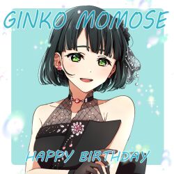 1girl :d black_dress black_flower black_gloves black_hair blue_background blunt_bangs blunt_ends border character_name collarbone commentary_request dress earrings fishnets flower flower_earrings gloves green_eyes hair_flower hair_ornament happy_birthday jewelry link!_like!_love_live! love_live! momose_ginko momose_ginko_(16th_birthday) oda_(101511a) official_alternate_costume open_mouth outside_border short_hair simple_background sleeveless sleeveless_dress smile solo teeth upper_teeth_only virtual_youtuber white_border