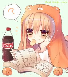 Rule 34 | 10s, 1girl, ?, blonde hair, blush, bottle, brown eyes, chips (food), doma umaru, female focus, food, food on face, hamster costume, hand on own cheek, hand on own face, himouto! umaru-chan, long hair, manga (object), potato chips, simple background, soda bottle, solo, spoken question mark, tsukikage nemu