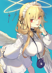 Rule 34 | 1girl, absurdres, animal bag, bag, black choker, blonde hair, blue background, breasts, cat bag, choker, chucolala, dress, feathered wings, finger to mouth, hair between eyes, halo, hand up, highres, j.xh, key, large breasts, leaning forward, long hair, long sleeves, looking at viewer, maid headdress, multiple halos, puffy long sleeves, puffy sleeves, red eyes, shoulder bag, simple background, solo, suzumiya rin, virtual youtuber, white dress, wings