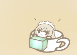 Rule 34 | 1girl, azur lane, chibi, cup, hermione (azur lane), holding, in container, in cup, koti, light brown hair, long hair, maid headdress, wisdom cube (azur lane), simple background, solo, yellow background