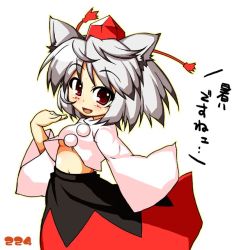 Rule 34 | 1girl, animal ears, breasts, female focus, hat, inubashiri momiji, long sleeves, looking at viewer, medium breasts, navel, no bra, open mouth, red eyes, short hair, simple background, smile, solo, takasegawa yui, tokin hat, touhou, underboob, white background, white hair, wide sleeves, wolf ears
