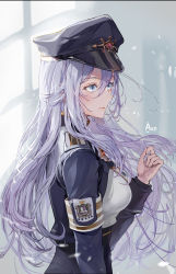 Rule 34 | 1girl, 86 -eightysix-, a (sofi3103), absurdres, armband, blue eyes, blue jacket, breasts, closed mouth, cropped jacket, from side, hat, high collar, highres, jacket, light purple hair, long hair, long sleeves, medium breasts, military, military hat, military uniform, signature, solo, uniform, upper body, vladilena millize