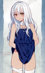 Rule 34 | 1girl, absurdres, bandages, breasts, caren hortensia, character name, clothes lift, dress, dress lift, fate/hollow ataraxia, fate (series), highres, legs together, lifting own clothes, long hair, morii shizuki, no panties, silver hair, small breasts, solo, type-moon, wavy hair, yellow eyes
