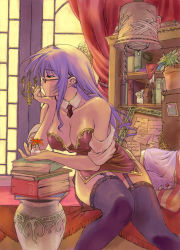 Rule 34 | 1girl, bare shoulders, book, breasts, choker, cleavage, detached collar, garter belt, garter straps, glasses, head rest, hip focus, indoors, lace, lace-trimmed legwear, lace trim, large breasts, lingerie, long hair, morii shizuki, necktie, no bra, purple hair, ragnarok online, revealing clothes, side slit, sitting, solo, thighhighs, thighs, thinking, underwear, wide hips, zettai ryouiki