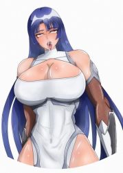 Rule 34 | 1girl, ahegao, artist request, blue hair, bodysuit, breasts, cleavage, hime cut, large breasts, long hair, red eyes, shiny skin, solo, taimanin (series), taimanin asagi, taimanin murasaki, very long hair, yatsu murasaki