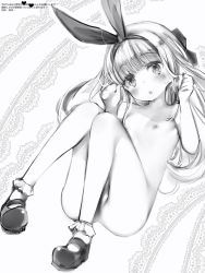 Rule 34 | 1girl, bad id, bad pixiv id, blush, bow, breasts, convenient leg, greyscale, hair bow, hairband, hands up, highres, long hair, looking at viewer, monochrome, mononobe alice, nanashi (nlo), nijisanji, nipples, nude, parted lips, pigeon-toed, shoes, small breasts, socks, solo, virtual youtuber