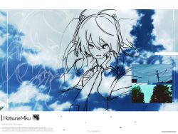 Rule 34 | 1girl, character name, cloud, collared shirt, detached sleeves, hair between eyes, hatsune miku, highres, kataware, long hair, necktie, parted lips, photo inset, power lines, shirt, sky, sleeveless, sleeveless shirt, tree, twintails, upper body, vocaloid, zoom layer