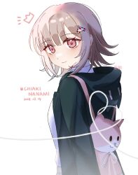 Rule 34 | 1girl, arms at sides, backpack, bag, black jacket, blush, character name, closed mouth, collared shirt, crown, danganronpa (series), danganronpa 2: goodbye despair, dated, dot nose, flipped hair, from side, grey hair, hao xiang zai chi dian shu tiao a, heart, heart of string, highres, hood, hood down, hooded jacket, jacket, looking at viewer, nanami chiaki, notice lines, pink eyes, shirt, short hair, sidelocks, simple background, smile, solo, upper body, white background, white shirt