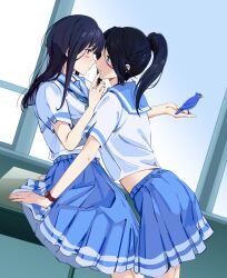 Rule 34 | 2girls, absurdres, animal, arm support, bird, bird on hand, black hair, blue sailor collar, blue skirt, blush, cowboy shot, face-to-face, finger to another&#039;s mouth, from side, hibike! euphonium, highres, kasaki nozomi, leaning forward, leaning on person, liz to aoi tori, long hair, midriff peek, multiple girls, noses touching, on table, parted lips, pleated skirt, ponytail, sailor collar, school uniform, serafuku, short sleeves, skirt, table, uneasywolf, watch, wristwatch, yoroizuka mizore, yuri
