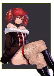 Rule 34 | 1girl, amy sorel, ashiomi masato, black dress, boots, cross-laced footwear, dress, drill hair, fishnet thighhighs, fishnets, flower, frills, gothic lolita, hairband, lace, lace-trimmed legwear, lace-up boots, lace trim, lolita fashion, lolita hairband, long hair, looking at viewer, red eyes, red hair, rose, shiny skin, sitting, solo, soul calibur, soulcalibur, soulcalibur iv, thighhighs, twin drills
