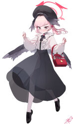 Rule 34 | 1girl, absurdres, beret, black footwear, black hat, black skirt, black wings, blue archive, blush, buttons, closed mouth, dan nako, halo, hat, head wings, highres, koharu (blue archive), long hair, long sleeves, pink eyes, pink hair, puffy long sleeves, puffy sleeves, red halo, shirt, shoes, signature, simple background, skirt, solo, twintails, white background, white shirt, wings