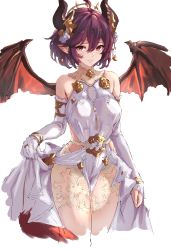 Rule 34 | 1girl, absurdres, ahoge, asymmetrical gloves, bare shoulders, breasts, brown wings, cowboy shot, cropped legs, dragon girl, dragon horns, dragon wings, dress, elbow gloves, gloves, granblue fantasy, grea (shingeki no bahamut), hair ornament, highres, horns, jewelry, large breasts, looking at viewer, mawile829, pelvic curtain, pointy ears, purple hair, red eyes, ring, short hair, skirt hold, sleeveless, sleeveless dress, solo, standing, thighs, white background, wings