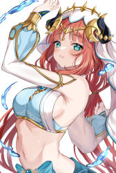 Rule 34 | 1girl, aqua eyes, arm up, bare shoulders, blue bow, bow, breasts, brooch, circlet, clothing cutout, crop top, dancer, detached sleeves, genshin impact, gold trim, harem outfit, harimoji, highres, horns, jewelry, long hair, long sleeves, looking at viewer, low twintails, medium breasts, navel, nilou (genshin impact), parted bangs, parted lips, puffy long sleeves, puffy sleeves, red hair, sideboob, sidelocks, simple background, skirt, smile, solo, stomach, twintails, upper body, veil, water, white background, white headwear