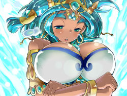 Rule 34 | 1girl, armlet, bangle, bare shoulders, blue eyes, blue hair, blush, bracelet, breasts, circlet, cleavage, covered erect nipples, crossed arms, dark-skinned female, dark skin, earrings, eyebrows, feather hair ornament, feathers, feather hair ornament, hair ornament, hoop earrings, huge breasts, iyoda mato, jewelry, lots of jewelry, matching hair/eyes, puzzle &amp; dragons, sarasvati (p&amp;d), short hair, solo, thick eyebrows, upper body