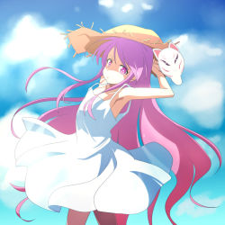 Rule 34 | 1girl, alternate costume, armpits, bare arms, bare shoulders, blue sky, cato (monocatienus), cloud, day, dress, flat chest, fox mask, hat, hata no kokoro, long hair, looking at viewer, mask, mouth mask, pink eyes, pink hair, sky, sleeveless, sleeveless dress, solo, straw hat, sundress, touhou, very long hair, white dress