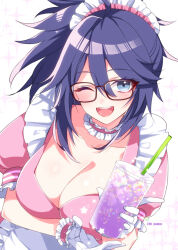 Rule 34 | 1girl, ;d, alternate costume, apron, blue eyes, blue hair, blush, breasts, choker, cleavage, cup, dress, enmaided, fingerless gloves, frilled choker, frilled sleeves, frills, from above, glasses, gloves, holding, holding cup, kson, large breasts, long hair, maid, maid headdress, mole, mole under eye, n gyou, one eye closed, open mouth, pink choker, pink dress, puffy short sleeves, puffy sleeves, short sleeves, smile, solo, virtual youtuber, vshojo, waist apron, waitress, white apron, white gloves, wide ponytail