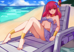 Rule 34 | 1girl, ankle cuffs, anklet, barefoot, beach, bikini, collar, feet, flower, hair flower, hair ornament, jewelry, long hair, looking at viewer, magi the labyrinth of magic, morgiana, navel, ocean, outdoors, pleated skirt, purple bikini, purple flower, purple skirt, red eyes, red hair, ryuuno6, sitting, skirt, solo, strapless, strapless bikini, swimsuit