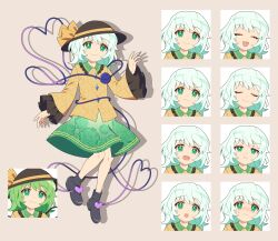 1girl 4rion :d :o absurdres angry annoyed black_footwear black_hat blouse blush bow closed_eyes closed_mouth embarrassed eyeball flat_chest floral_print frilled_sleeves frills full_body green_eyes green_hair green_skirt happy hat hat_bow hat_ribbon heart heart_of_string highres komeiji_koishi long_sleeves looking_at_viewer medium_skirt open_mouth ribbon shirt simple_background skirt smile standing sun_hat tachi-e third_eye touhou v-shaped_eyebrows wide_sleeves yellow_bow yellow_shirt