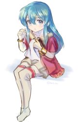 Rule 34 | 1girl, aged down, blue hair, boots, bracelet, eirika (fire emblem), fire emblem, fire emblem: the sacred stones, fire emblem heroes, full body, hair between eyes, holding, jewelry, kwz ini, long hair, looking at viewer, nintendo, official alternate costume, sidelocks, sitting, solo, thigh boots, twitter username, white background
