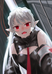 Rule 34 | 1girl, absurdres, ao oni (onioni-aoi), arknights, breasts, commentary request, cross, eyelashes, fangs, highres, large breasts, medic, open mouth, pale skin, red cross, red eyes, slit pupils, solo, vampire, warfarin (arknights), white hair