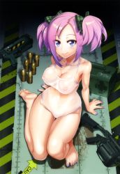 Rule 34 | 1girl, arm support, barefoot, blue eyes, bow, breasts, casual one-piece swimsuit, cleavage, covered navel, covered erect nipples, feet, female focus, fingernails, from above, gradient hair, grenade launcher, hair bow, highres, large breasts, looking up, multicolored hair, nail polish, nashida oriha, nipples, one-piece swimsuit, pink hair, purple hair, satou shouji, see-through, short twintails, sitting, smile, soles, solo, sweat, swimsuit, toenail polish, toenails, toes, triage x, twintails, weapon, white one-piece swimsuit