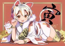 Rule 34 | 1girl, adapted costume, animal ears, animal print, bell, blush, bracelet, calico, cat ears, cat girl, cat tail, coin, collarbone, commentary request, fur collar, gesture, gold, goutokuji mike, happy, jewelry, jingle bell, koban (gold), long sleeves, lying, mallet, maneki-neko, miniskirt, multicolored clothes, multicolored hair, multicolored skirt, multicolored tail, nail polish, neck bell, open mouth, orange background, orange eyes, orange nails, patch, paw pose, pleated skirt, puuakachan, short hair, shrine, skirt, streaked hair, tail, thighhighs, tiger print, touhou, white hair, white skirt, wide sleeves, yellow thighhighs