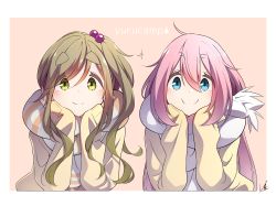 Rule 34 | 2girls, blonde hair, blue eyes, closed mouth, copyright name, green eyes, hair bobbles, hair ornament, hands on own cheeks, hands on own face, head rest, highres, inuyama aoi, kagamihara nadeshiko, long hair, long sleeves, multiple girls, pink hair, scarf, school uniform, side ponytail, sleeves past wrists, smile, sparkle, split mouth, thick eyebrows, yasu (pixiv), yurucamp