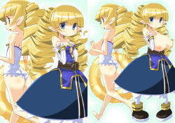 Rule 34 | 1girl, archer (disgaea), ass, bare shoulders, barefoot, belt, blonde hair, blue eyes, blush, breasts, detached sleeves, disgaea, drill hair, flat chest, hirowa nagi, inverted nipples, large breasts, long hair, makai senki disgaea 2, multiple views, nipples, nippon ichi, open mouth, pigeon-toed, pointy ears, smile, sweat, swimsuit, thighhighs, twintails