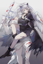 Rule 34 | 1girl, angel statue, angel wings, animal ears, arknights, black coat, blood, blood on face, bloody weapon, bloody wings, carrying, chipped sword, coat, dress, finger to own chin, grey eyes, hair ornament, hairclip, hand on another&#039;s shoulder, headless, highres, holding, holding sword, holding weapon, lappland (arknights), lappland (refined horrormare) (arknights), lizi (st3648), long hair, material growth, official alternate costume, open clothes, open coat, oripathy lesion (arknights), scar, scar across eye, scar on face, silver hair, solo, statue, sword, tail, weapon, wings, wolf ears, wolf girl, wolf tail