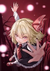 Rule 34 | 1girl, black nails, black skirt, blonde hair, frilled skirt, frills, highres, mahoro (minase mahoro), necktie, outstretched arms, red eyes, red footwear, red necktie, red ribbon, ribbon, rumia, skirt, solo, touhou