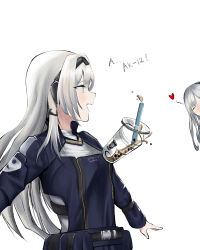 Rule 34 | 2girls, an-94 (girls&#039; frontline), bad id, bad pixiv id, blue eyes, blush, bubble tea challenge, closed eyes, colorized, failure, flat chest, girls&#039; frontline, hair ornament, hairclip, highres, long hair, multiple girls, open mouth, silver hair, simple background, user rggp2733, white background