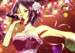Rule 34 | 1girl, :d, armpits, bad id, bad pixiv id, blurry, blurry background, breasts, choker, cleavage, collarbone, dress, earrings, floral print, flower, hair flower, hair ornament, hair ribbon, hayami kanade, holding, holding microphone, idol, idolmaster, idolmaster cinderella girls, jewelry, koya (koya x 00), lens flare, looking up, medium breasts, microphone, music, necklace, open mouth, outstretched hand, parted bangs, pink ribbon, print dress, purple hair, ribbon, short hair, signature, singing, sleeveless, sleeveless dress, smile, solo, sparkle, spotlight, stage, strapless, strapless dress, upper body, white flower, yellow eyes