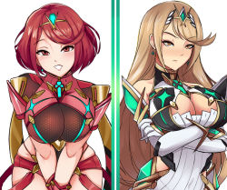 Rule 34 | 2girls, angry, armor, blonde hair, blush, breasts, cleavage, crossed arms, earrings, jewel, jewelry, large breasts, leaning forward, long hair, looking at viewer, multiple girls, mythra (xenoblade), nintendo, parted lips, pyra (xenoblade), red eyes, red hair, short shorts, shorts, skindentation, smile, swept bangs, xenoblade chronicles (series), xenoblade chronicles 2, yellow eyes