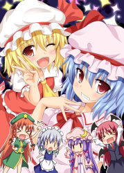 Rule 34 | &gt;:o, &gt; &lt;, 6+girls, :&lt;, :d, :o, ;d, apron, arm up, arms up, ascot, bat wings, blonde hair, blue dress, blue hair, blush, blush stickers, bow, braid, chibi, chinese clothes, closed eyes, crescent, dress, embodiment of scarlet devil, fang, female focus, flandre scarlet, gin&#039;you haru, grin, hat, hat ribbon, head wings, hong meiling, izayoi sakuya, koakuma, long hair, long sleeves, looking at viewer, maid, maid apron, maid headdress, mob cap, multiple girls, one eye closed, open clothes, open mouth, patchouli knowledge, pink eyes, puffy sleeves, purple hair, raised fist, red eyes, red hair, remilia scarlet, ribbon, shirt, short hair, short sleeves, siblings, side ponytail, side slit, silver hair, sisters, skirt, skirt set, smile, star (symbol), striped clothes, striped dress, touhou, twin braids, v, v-shaped eyebrows, very long hair, vest, waist apron, wide sleeves, wings, wink, xd, | |