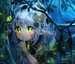 Rule 34 | 1girl, absurdres, blurry, blurry background, child, commentary, cross-shaped pupils, detached sleeves, dress, english commentary, finger to mouth, fireflies, genshin impact, gradient hair, green eyes, green hair, hair ornament, highres, leaf hair ornament, long hair, looking at viewer, muenoart, multicolored hair, nahida (genshin impact), night, pointy ears, shushing, solo, symbol-shaped pupils, white dress, white hair