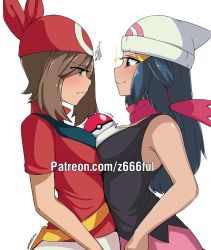 Rule 34 | 2girls, alternate breast size, black shirt, blouse, blue eyes, blue hair, blush, breast contest, breast envy, breast press, breasts, brown hair, creatures (company), dawn (pokemon), eyes visible through hair, frown, game freak, hat, jealous, large breasts, may (pokemon), multiple girls, nintendo, poke ball, poke ball (basic), pokemon, pokemon dppt, pokemon rse, red shirt, shirt, simple background, smile, sparkle, symmetrical docking, white background, white hat, z666ful