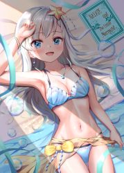 Rule 34 | 1girl, :d, arm up, bare arms, bare shoulders, bikini, blue bikini, blue eyes, blush, book, bracelet, breasts, cleavage, collarbone, commentary request, cowboy shot, earrings, groin, hair ornament, highres, hisakawa hayate, idolmaster, idolmaster cinderella girls, idolmaster cinderella girls starlight stage, jewelry, long hair, looking at viewer, lying, medium breasts, navel, necklace, on back, open mouth, silver hair, smile, solo, star (symbol), star hair ornament, stomach, swimsuit, the little mermaid, tudon (donut)