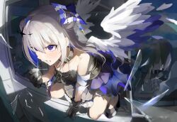 Rule 34 | 1girl, absurdres, akutonoeru, amane kanata, angel wings, angry, black collar, black dress, black gloves, blue hair, blue halo, blue wings, breasts, broken glass, collar, colored inner hair, commentary request, double bun, dress, feathered wings, glass, gloves, grey hair, hair bun, halo, highres, holding, holding microphone, hololive, long hair, looking ahead, microphone, multicolored hair, purple eyes, single hair intake, small breasts, solo, star halo, virtual youtuber, white wings, wings