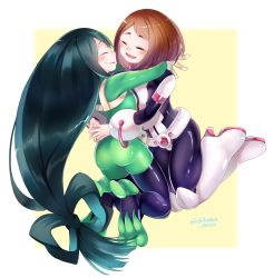 Rule 34 | 2girls, :d, artist name, ass, asui tsuyu, black hair, blush, bodysuit, boku no hero academia, boots, breasts, brown hair, chikuwa savy, closed eyes, commentary request, facing another, friends, frog girl, gloves, goggles, goggles on head, green bodysuit, green hair, hair rings, high heel boots, high heels, long hair, low-tied long hair, medium breasts, multiple girls, open mouth, short hair, sidelocks, smile, thigh boots, thighhighs, tongue, tongue out, uraraka ochako, very long hair, white gloves