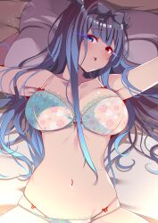 Rule 34 | 1girl, absurdres, azur lane, bed, bra, breasts, cleavage, floral print, from above, heterochromia, highres, horns, ibuki (azur lane), lace, lace-trimmed bra, lace trim, large breasts, lingerie, long hair, looking at viewer, lying, multi-strapped panties, on back, on bed, oni horns, origami aya, pillow, teeth, underwear, underwear only, upper teeth only