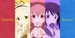 Rule 34 | 3girls, animal hood, aosora neko, bad id, bad pixiv id, blush, chamomile, character request, closed mouth, clothes writing, collarbone, commentary request, copyright request, drawstring, english text, flower, head tilt, highres, holding, holding flower, hood, lily (flower), long sleeves, looking at viewer, multiple girls, own hands together, portulaca, school uniform, serafuku, smile, upper body