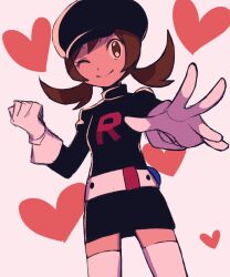 Rule 34 | 1girl, ;), belt, black dress, black hat, boots, brown eyes, brown hair, clenched hand, closed mouth, commentary request, creatures (company), dress, game freak, gloves, hat, heart, logo, long hair, looking at viewer, lyra (pokemon), nintendo, one eye closed, pokemon, pokemon hgss, pokemon masters ex, smile, solo, spread fingers, team rocket, team rocket uniform, thigh boots, twintails, tyako 089