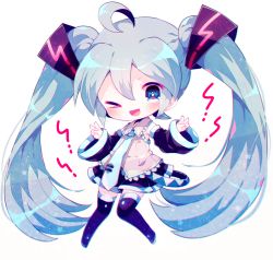 Rule 34 | &gt; o, 1girl, ;d, ahoge, aqua hair, bad id, bad pixiv id, black skirt, black thighhighs, blue eyes, blue necktie, boots, chibi, collared shirt, detached sleeves, frilled shirt collar, frills, full body, grey shirt, haru431, hatsune miku, highres, long hair, long sleeves, looking at viewer, miniskirt, necktie, one eye closed, open mouth, shirt, simple background, skirt, smile, solo, star (symbol), strap, thigh boots, thighhighs, tie clip, twintails, v, very long hair, vocaloid, white background