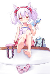 Rule 34 | 1girl, animal ears, azur lane, bag, bare arms, bare legs, bare shoulders, barefoot, blush, bottle, bow, camisole, collarbone, commentary, foot focus, foreshortening, full body, hair bow, hairband, hand up, highres, holding, holding bottle, irokari, laffey (azur lane), long hair, looking at viewer, miniskirt, panties, pantyshot, parted lips, purple hair, rabbit ears, red bow, red eyes, red hairband, red skirt, sandals, simple background, sitting, skirt, soles, solo, striped clothes, striped panties, toes, twintails, underwear, unworn sandals, water bottle, white background, wristband
