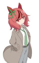 Rule 34 | 1girl, alternate costume, animal ears, belt, brown coat, coat, collared shirt, ear covers, feet out of frame, green necktie, grey pants, hands in pockets, horse ears, kokko tofu, long sleeves, looking at viewer, medium hair, mouth hold, multicolored hair, necktie, nice nature (umamusume), open clothes, open coat, pants, red hair, shirt, shirt tucked in, simple background, solo, standing, streaked hair, twintails, umamusume, umayon, white background, white shirt