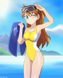 Rule 34 | 1girl, artist name, blue eyes, blue sky, blush, breasts, brown hair, cleavage, day, goggles, goggles on head, grin, hand up, legs, long hair, looking at viewer, mountain, neon genesis evangelion, one-piece swimsuit, one eye closed, salute, shiny skin, sky, smile, solo, souryuu asuka langley, standing, swimsuit, water, wink